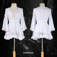 ราคา มินิเดรสหรือเสื้อตัวยาว สีขาวบางๆ สไตล์ญี่ปุ่น แฟรี่ โบฮีเมียน แขนกระดิ่ง แต่งผ้าลูกไม้ แบรนด์CECIL McBEEของญี่ปุ่น (41410915324)