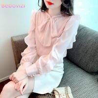 ราคา ฤดูใบไม้ผลิฤดูใบไม้ร่วงใหม่โบว์สีชมพู หมัด แขนยาวออกแบบ น่าระทึกใจ เสื้อชีฟองผู้หญิงแฟชั่นเสื้อท็อปส์ (45806406022)