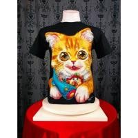 ราคา เสื้อยืด คอกลม สีดำ ROCK CHANG HD138 ลายแม่แมวกับลูกแมว (23522868137)