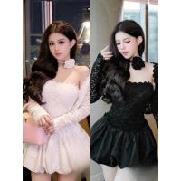 ราคา พร้อมส่ง งานนำเข้า ✈️ เดรสเกาะอก ผ้าลูกไม้ กระโปรงบอลลูน พร้อมเสื้อคลุมแขนยาว ฟรีไซต์ (27369611667)