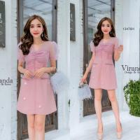 ราคา J13476 Dress เดรสสั้น แขนตุ๊กตาแต่งผ้าแก้วซีทรูลายจุด ติดดอกไม้ (6256505957)