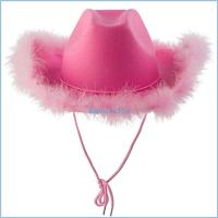 ราคา Esp หมวก Cowgirl สีชมพูสวย Fluffy Feather Brim หมวกคาวบอยตะวันตกสําหรับวันเกิด (26707221419)