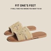 ราคา รองเท้าฟลิปฟล็อปผู้หญิง ทรงเดนิม ทำจากหนังแท้ สำหรับฤดูร้อน ดีไซน์บานเชิดครึ่งใบ (56105876908)