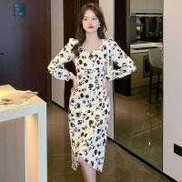 ราคา Floral Dress Chiffon Korean Vintage Square Collar Printed Tea Break Long Sleeve A- Line Skirt (24433405598)