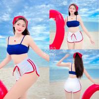 ราคา ชุดว่ายน้ำ 3 ชิ้น ขาสั้นแนวสปอร์ต เสื้อครอปสายเดี่ยวสีกรม+กางเกงใน+กางเกงขาสั้นสีขาวขอบแดง (18985666032)