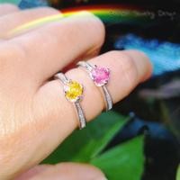 ราคา แหวนพลอยแท้ แซฟไฟร์ สีชมพู สีเหลือง Pink Sapphire กลม 5mm. ฝังเพชรcz แหวนเงินแท้92.5% ชุบทองคำขาว พลอยแท้ธรรมชาติ (14776107717)