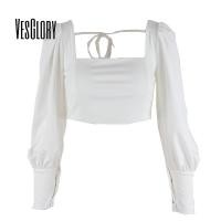 ราคา VesGlory ผู้หญิง Crop Top แฟชั่นสีทึบแขนยาว Squre คอ Slim Fit เสื้อยืด (22054027433)