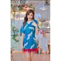 ราคา เดรสน้ำเงิน เดรสลายนก เดรสขนนก มือ2 (22023567690)