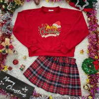 ราคา พร้อมส่ง ชุดเซตกระโปรง เสื้อผ้าวูลเวฟแขนยาวสกรีนคริสต์มาส+กระโปรงผ้าคอตตอนลายสก็อตเอวยางยืดจีบรอบ (42504135579)