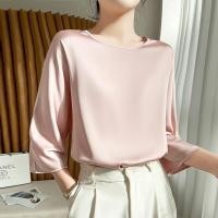 ราคา เสื้อเชิ้ตผ้าซาตินไหมมัลเบอร์รี่สำหรับผู้หญิง คอทรงกลม สีพื้น แขนสามส่วน เหมาะสำหรับสวมใส่ในฤดูร้อน#99297 (51353009811)