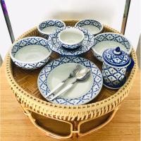 ราคา ชุดขันโตก 20 นิ้ว พร้อม(จาน+ถ้วย+ช้อนส้อม+แก้วน้ำ+พาน) ชุดโตกอาหาร งานเซรามิค ลายคราม โตกหวาย (ราคาต่อเซ็ท) (27977833412)