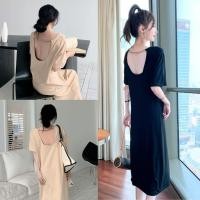 ราคา ราคาถูกที่สุดเดรสยาวทรงตรง แขนสั้นคอกลม ดีเทลคอด้านหลังแต่งโซ่เงิน 2 สี (27286573573)