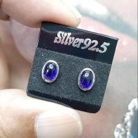 ราคา ต่างหู ไพลิน Blue Sapphire พลอยแท้ หลังเบี้ย ขนาด 4×6 มม ตัวเรือนหุ้มเงินแท้ 925 (5348811417)