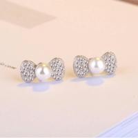 ราคา TANITTgems ต่างหูเงินรูปโบว์ฝังเพชรประดับไข่มุกแก้วญี่ปุ่น#591 (453200129)