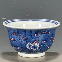 ราคา เครื่องลายครามโบราณโบราณ Wenwan ของสะสม Daqing Kangxi ปีทําสีฟ้าสีขาวเคลือบสีแดงน้ําแข็งพลัมกดมือถ้วย 1.28 (48705486247)