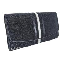 ราคา กระเป๋าสตางค์ 3 พับเลดี้ยาว กระเป๋าสตางค์หนังปลากระเบนหญิง กระเป๋าเงินหนังปลากระเบนแท้ผู้หญิงสีดำแถบขาว หนังแท้ 100% (3270458496)