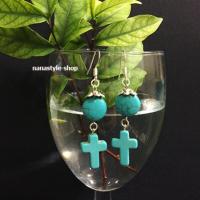 ราคา ต่างหู ตุ้มหูหินเทอร์ควอยส์ ต่างหูหินสี ต่างหูหินธรรมชาติ ต่างหูแฟชั่น Turquoise earrings 2ชั้นตุ้งติ้งกางเขน (1262205257)