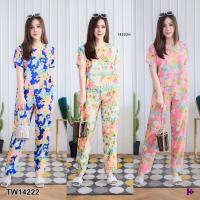 ราคา GN14222 **รบกวนสอบถามก่อนสั่งซื้อจ้า** Set #สาวอวบ เสื้อคอกลมแต่งโบว์หลัง+กางเกงขายาว ลายดอก (9003166028)