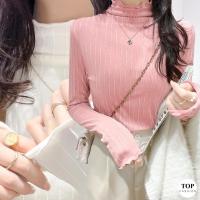 ราคา พร้อมส่งไทย ราคาถูกเสื้อซีทรูอัดย่นขอบหยักแขนยาว ทรงคอสูง ลายริ้วนูน 3 สี (18886659360)