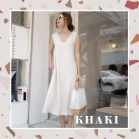 ราคา KHAKI เดรสลินินคอวีเหลี่ยม (6776870468)