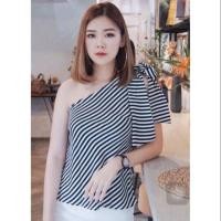 ราคา เสื้อเปิดไหล่ ไหล่เฉียง ไหล่เดี่ยว แขนกุด แต่งผูกโบว์ที่แขน ลายริ้ว ลายทาง (2158879380)