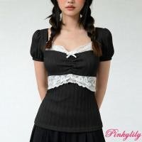 ราคา Pink -ท็อปส์สตรีแขนสั้นพัฟ สีชมพู แบบสไลม์ฟิต ลายลูกไม้ สำหรับฤดูร้อน (47004725131)