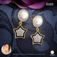 ราคา JNist E320 ต่างหูมุกดาวขอบดำหุ้มทองแท้ ต่างหูเพชรสวิส CZ ต่างหูห้อย ชุบทองไมครอน (10943824721)