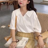 ราคา เสื้อเชิ้ตคอวีสีขาวสำหรับผู้หญิง แขนสั้น สไตล์เกาหลี เหมาะสำหรับฤดูร้อน (27039498359)