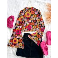 ราคา พร้อมส่ง เสื้อลายดอกแขนกระดิ่ง ผ้าตาข่าย เสื้อสงกรานต์ เสื้อครอปสั้นแขนกระดิ่งยาว (26830181568)