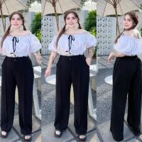 ราคา #55(ส่งเร็ว)กางเกงขายาวขากระบอกเล็กตีเกล็ดหน้า เนื้อผ้าวูลเวฟ ไซส์ใหญ่ มีกระเป๋าข้าง Bigsize Women กางเกงสาวอวบ (24151961505)