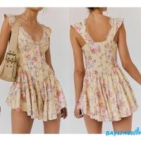 ราคา Bay-Women tiddings Cap Sleeve Mini Dress Summer Fashion Floral Print/Solid Color Scoop Neck A Line Ruffled Dress (52603084089)