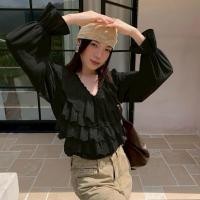 ราคา เสื้อแขนยาว คอวีแต่งระบายลูกไม้ฉลุเป็นชั้นๆ มาพร้อมเชือกด้านหน้า งานตัดเย็บพรีเมี่ยม (55056213385)