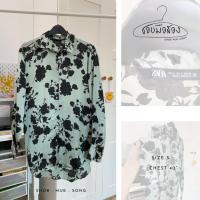 ราคา ZARA เสื้อเชิ้ต แขนยาว ซาติน ลายดอก สีเขียว ดำ มือสอง (48106913788)