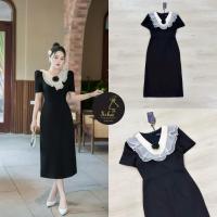 ราคา Ticha เดรสยาวคอวีแขนสั้นสีดำ แต่งปกผ้าแก้ว (57400614872)