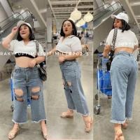 ราคา กางเกงยีนส์สาวอวบ กางเกงขายาว อวบอ้วน วินเทจ Newdesign ทรง 6 ส่วน ขาบาน ขาปลายรุ่ยเย็บอินเทร์นที่สุด (15412027833)
