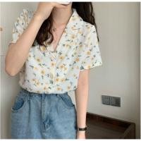 ราคา พร้อมส่ง เสื้อเชิ้ตแขนสั้นคอปกสไตล์เกาหลี ลายดอกไม้สีเหลือง ผ้าชีฟอง (9590447041)