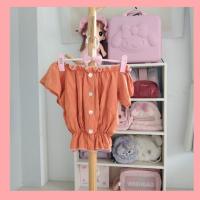 ราคา เสื้อปาดไหล่ กระดุม สีส้ม มือสอง (22743139842)