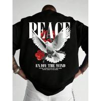 ราคา เสื้อยืดแขนสั้นทรงหลวมสไตล์วินเทจสำหรับผู้ชาย ลายกราฟิกดอกกุหลาบแดงและสัญลักษณ์สันติภาพภาษาอังกฤษ สีดำ เหมาะสำหรับลุคสตร (40328948845)