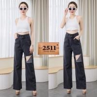 ราคา 2NaraJeans กางเกงยีนส์ เอวสูง ยีนส์ทรงกระบอก ขาดหน้าขา กระดุมคู่ สีดำฟอก (21935327739)