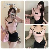 ราคา พร้อมส่ง สีชมพูสาวหวานน่ารัก เสื้อครอปแขนสั้นคอเหลี่ยมปาดไหล่ (25029325098)