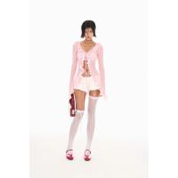 ราคา So Dáte.Club - เสื้อเชิ้ตแขนยาวสีชมพูซีทรูลูกไม้ระบายและกางเกงขาสั้นลูกไม้สีขาว (27080997594)