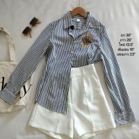 ราคา เสื้อเชิ้ตมือสอง ลายทางสีกรม ปักโลโก้ (25417954593)