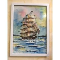ราคา ภาพวาดเรือสำเภา ภาพมงคล ภาพวาดสีน้ำ/ภาพตกแต่งติดผนัง ตั้งได้ แขวนได้ ขนาดA4 พร้อมกรอบ (27103548143)