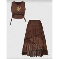 ราคา สาวอวบชุดเซ็ตเสื้อกั๊กปักลายดอกทานตะวันสไตล์ฮิปปี้วินเทจสำหรับสาวอวบและกระโปรงชายระบายไม่สมมาตร 2 ชิ้น (46103176112)