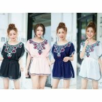 ราคา มินิเดรส รูดเอว ทรงค้างคาว ปักลายสไตล์โบฮีเมี่ยน : มินิเดรสผ้าสปันจ์ (7274047699)
