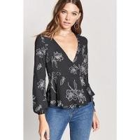 ราคา Forever21 เสื้อป้ายหน้าผูกเอว แขนยาว ผ้าชีฟอง สีดำลายดอก สินค้ามือ 1 (9782640710)