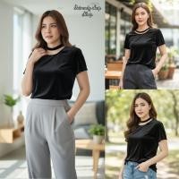 ราคา พร้อมส่ง.เสื้อยืดกํามะหยี่คอโช้คเกอร์ติดมุก S - L. (23913542197)