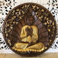 ราคา แผ่นไม้สัก แกะสลักลายพระพุทธรูป ทรงกลม ขนาด 90x90 cm.ลายพระพุทธเจ้า ลงแว๊กปัดทอง พระพุทธรูปไม้แกะสลัก งานไม้สัก (22203240677)