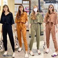 ราคา Set 2 ชิ้น เสื้อคอปก ทรงครอป แขนสั้น มีกระเป๋าหน้า มาคู่กับกางเกงขายาว เอวสม็อกทั้งตัว จั๊มปลายขา มีกระเป๋าข้าง (4393934017)
