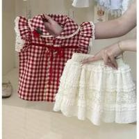 ราคา ชุดเซ็ตเสื้อลายตารางสีแดง+กระโปรงลูกไม้ขาว (25944228598)